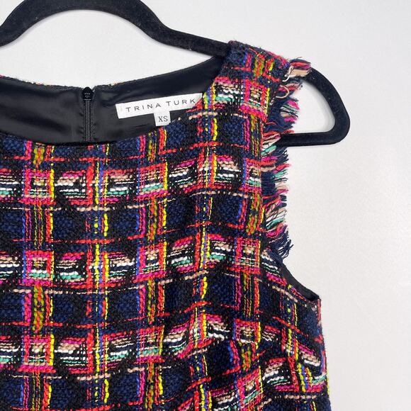 Trina Turk XS Black Pink Tweed Fringe Plaid Sleeveless Top Blouse Yellow Blue - Picture 3 of 8